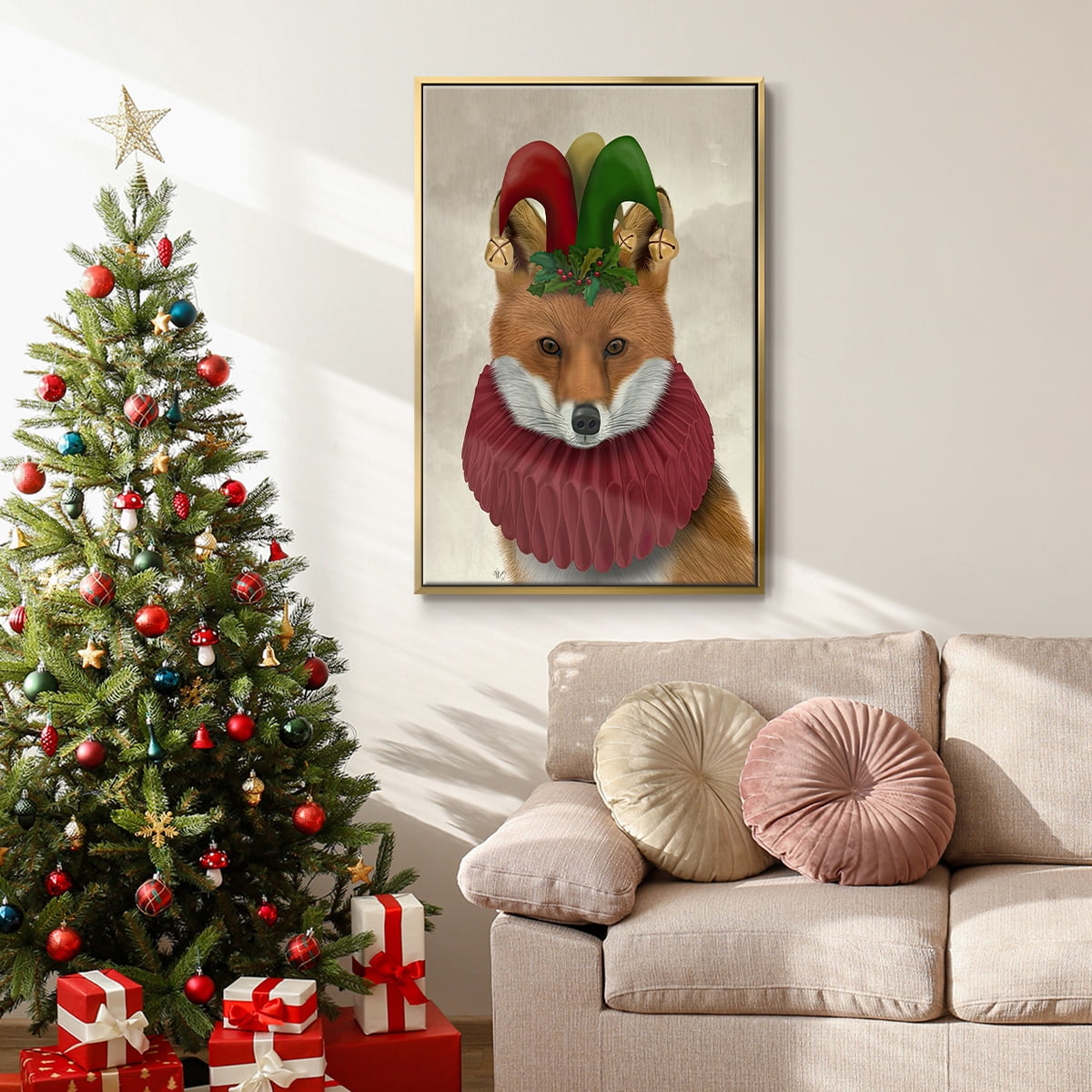 Christmas Foxy Christmas Fool - Framed Gallery Wrapped Holiday Canvas - 27 x 41 - Gold Frame