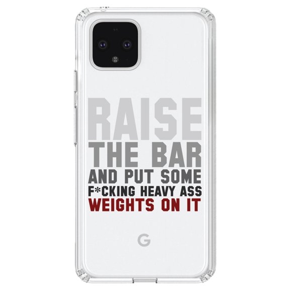 DistinctInk Clear Shockproof Hybrid Case for Google Pixel 4 (6.1" Screen) - TPU Bumper Acrylic Back Tempered Glass Screen Protector - Raise the Bar And Put Some Heave Weights On