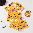 thumbnail image 2 of CUZIBR Baby Pajamas For Girls Halloween Short Sleeve Bow Print Button Down Shirt And Shorts 2 PC Sleepwear Ghost Pumpkin Spider Graphic Lapel Smooth Cozy Casual Daily Nightwear,Yellow,4-5 Years, 2 of 9