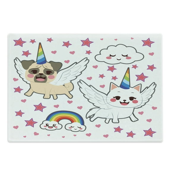 Unicorn Cat Cutting Board, Comic Pop Art Style Fiction Animals Funny Faces Rainbow Horns Stars, Decorative Tempered Glass Cutting and Serving Board, Large Size, Multicolor, by Ambesonne