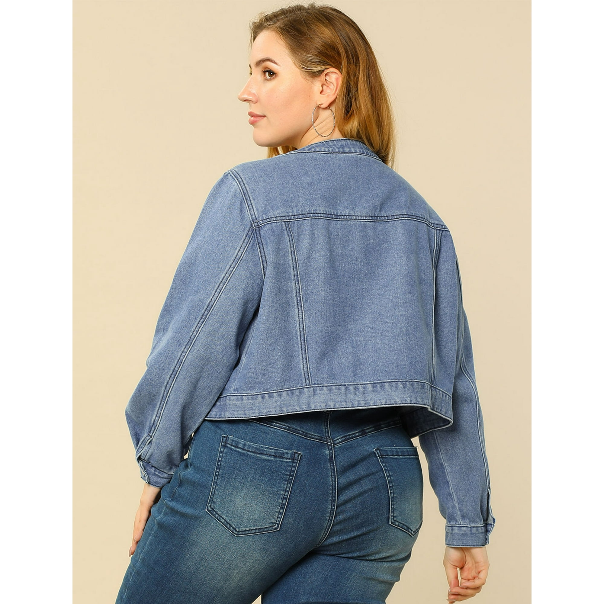 Unique Bargains Vestes en Jean a Col Rond avec Bouton Grande Taille pour Femmes