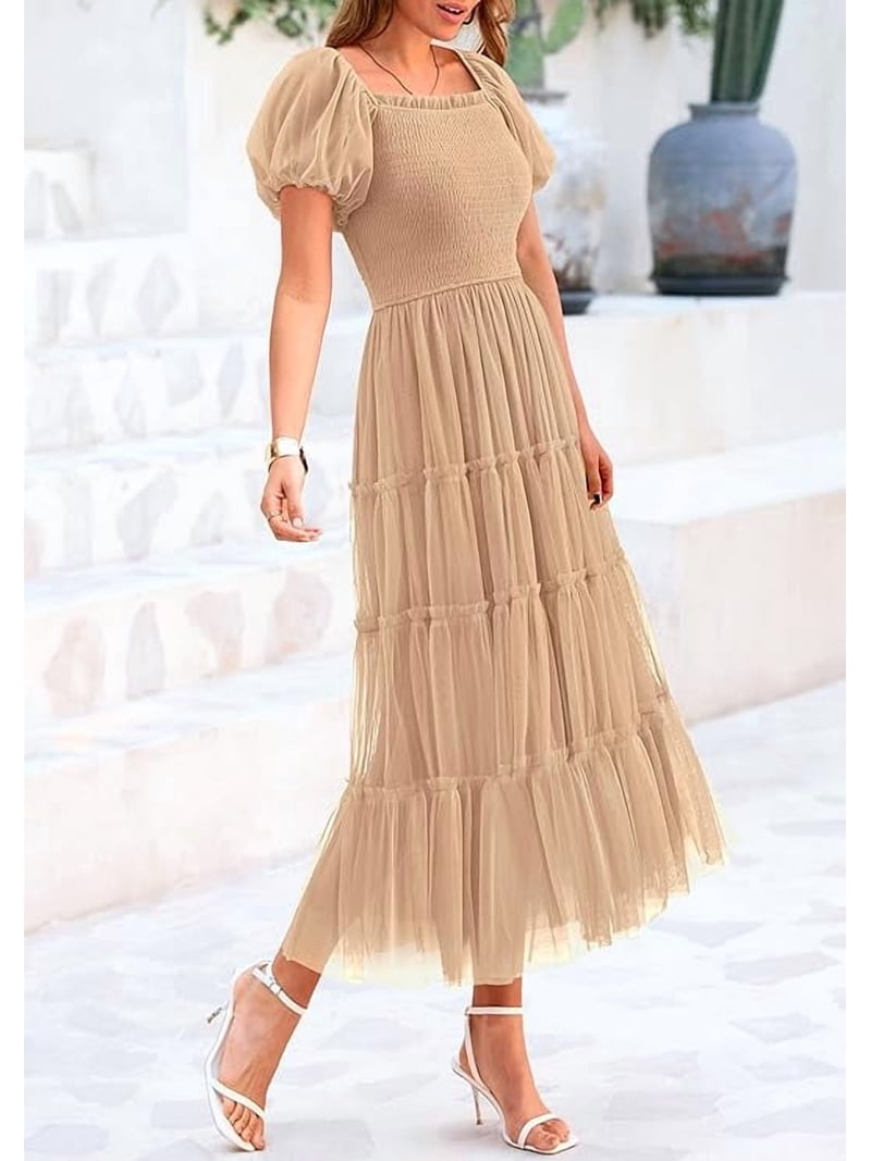 summer dinner dresses for women Prettygarden Women's Smocked Tulle Midi Dress Summer Square Neck Puffy Short Sleeve Ruffle Wedding Guest Party Dresses, Size: 2XL, Beige