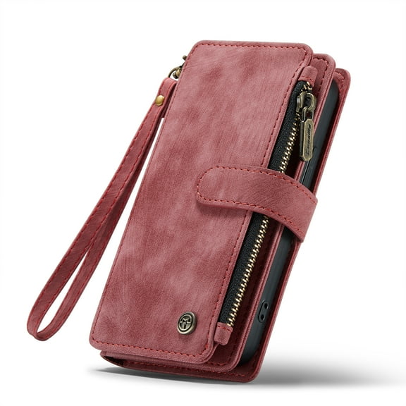 For Apple iPhone 15 6.1",Decase Full Body Protection PU Leather Wallet Case for Women Men With Hand Strap& Zipper RFID Blocking Card Slots Holder,Shockproof Retro Style Phone Cover - Red