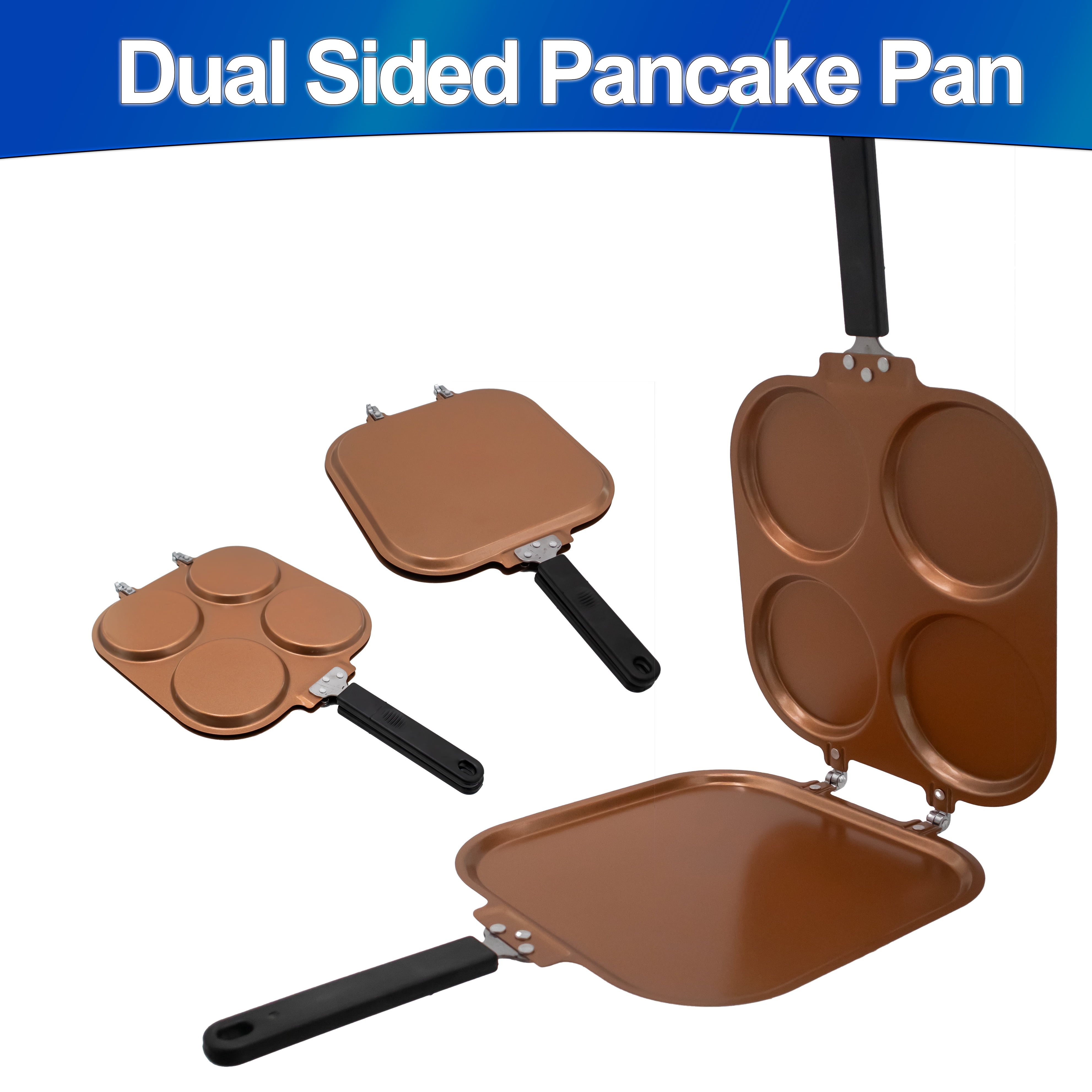 4 Mold Flip Pancake Pan - Dual-Sided Griddle, Copper Nonstick Aluminum Body and Reinforced Hinges, Compact Fold Flat Storage for RVs, Small Kitchens & Apartments