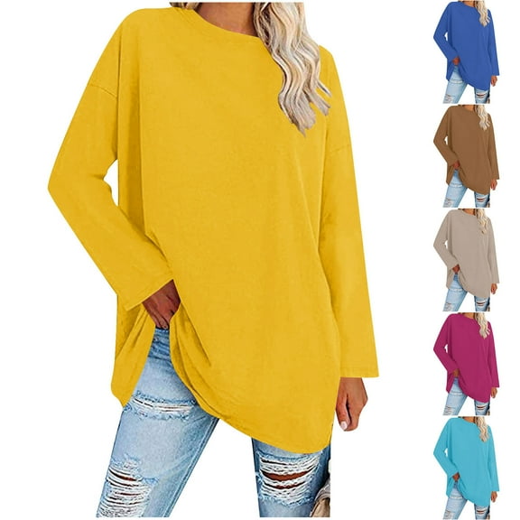 Fall Saving! HVOBTTY Women's Long Sleeved Pullover T Shirts, Fall Tops for Women, Women's Casual Solid Color Crew Neck Loose Lightweight T Shirt Blue, L