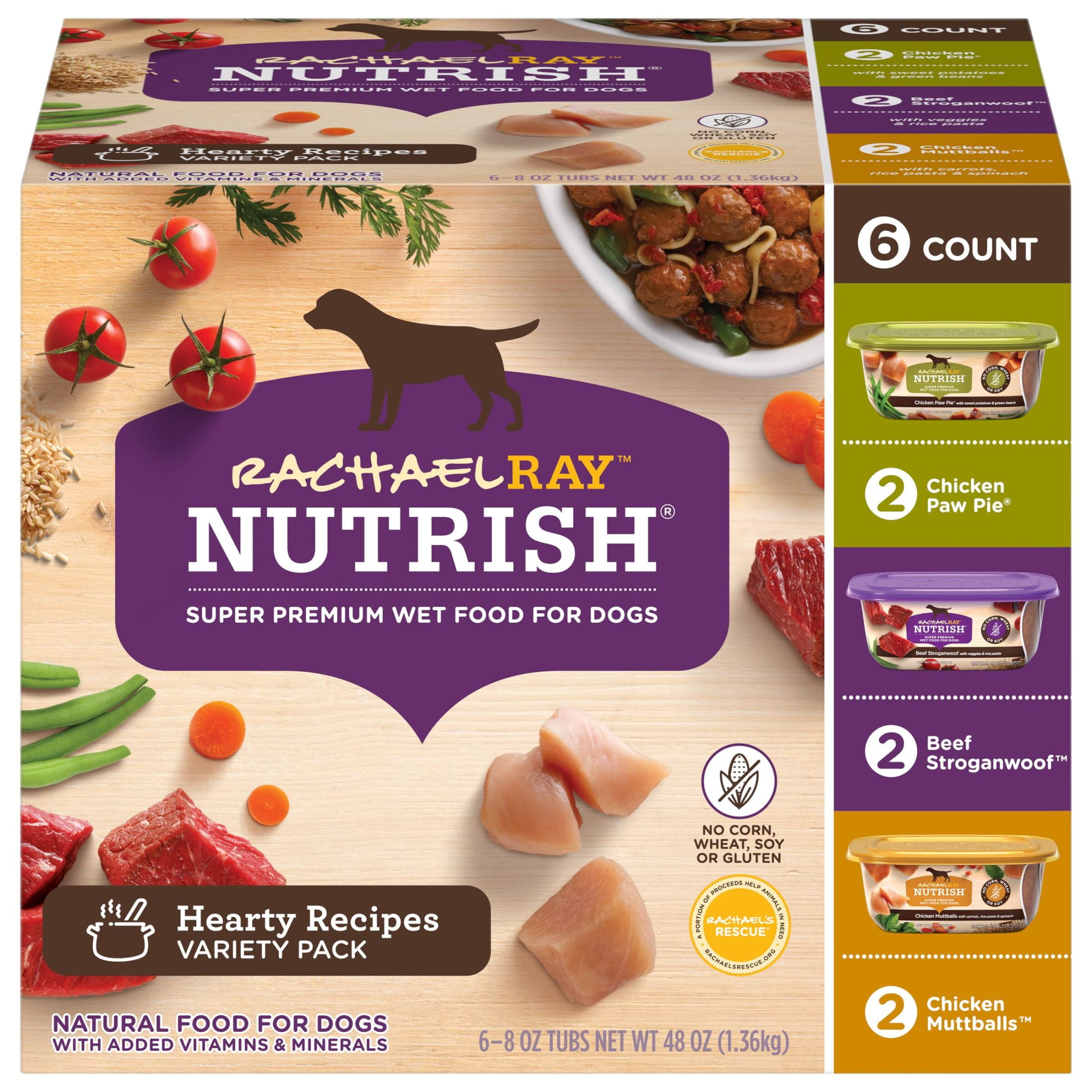 (4 pack) Rachael Ray Nutrish Hearty Recipes Variety Pack Wet Dog Food, 8 oz. Tubs, 6 Count