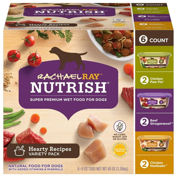 Rachael Ray Nutrish Hearty Recipes Variety Pack Wet Dog Food, 8 oz. Tubs, 6 Count