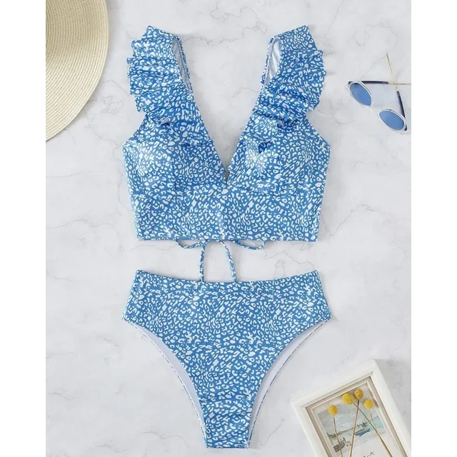 Bikini con volantes para mujer, traje de baño de dos piezas con cuello en V, acolchado de realce, cintura alta, corte Sexy, para playa, 2024