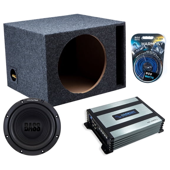 Harmony Audio Alpine W12S4 Single 12" Subwoofer 250W Ported Sub Box | HA-A400.1 Amplifier, 8GA Amp Kit
