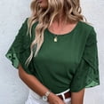 thumbnail image 2 of Mujer Cuello Redondo Top Mangas De Medio Pétalo Costuras De Encaje Tipo Suelto Camiseta Casual para Verano Verde XL, 2 of 6