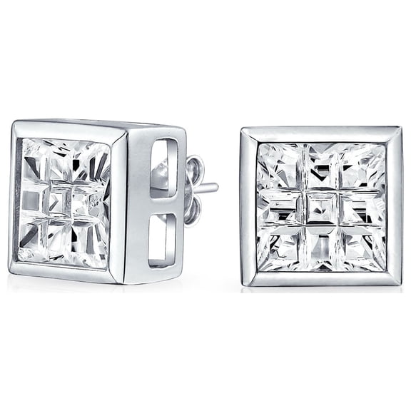 Bling Jewelry Mens Round Square CZ Stud Earrings Bezel Set Sterling Silver 5-10 MM