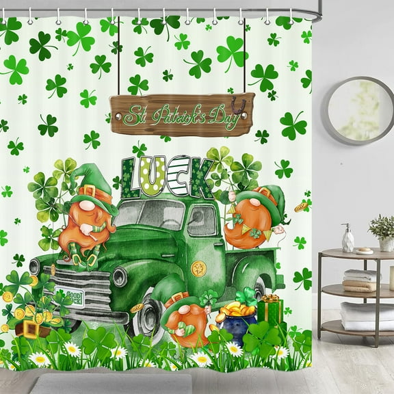 Happy St.Patrick's Day Shower Curtain, Green Truck Irish Clover Cute Gnome Shower Curtain Set for Bathroom, Spring Shamrock Lucky Festival Fabric Polyester Bathroom Curtains Decor with Hooks,70X70IN
