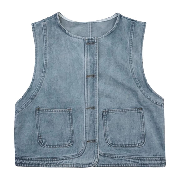 Fiaer Womens Jean Vest Button down Oversized Denim Loose Fit Sleeveless Spliced Casual Trendy Solid Color Tops with Pocket Blue XL