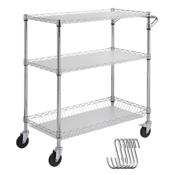 VEVOR Kitchen Utility Cart,3 Tiers,Wire Rolling Cart with 661LBS Capacity, Steel Service Cart on Wheels, Metal Storage Trolley with 80mm Basket Curved Handle PP Liner 6 Hooks, for Indoor and Outdoor