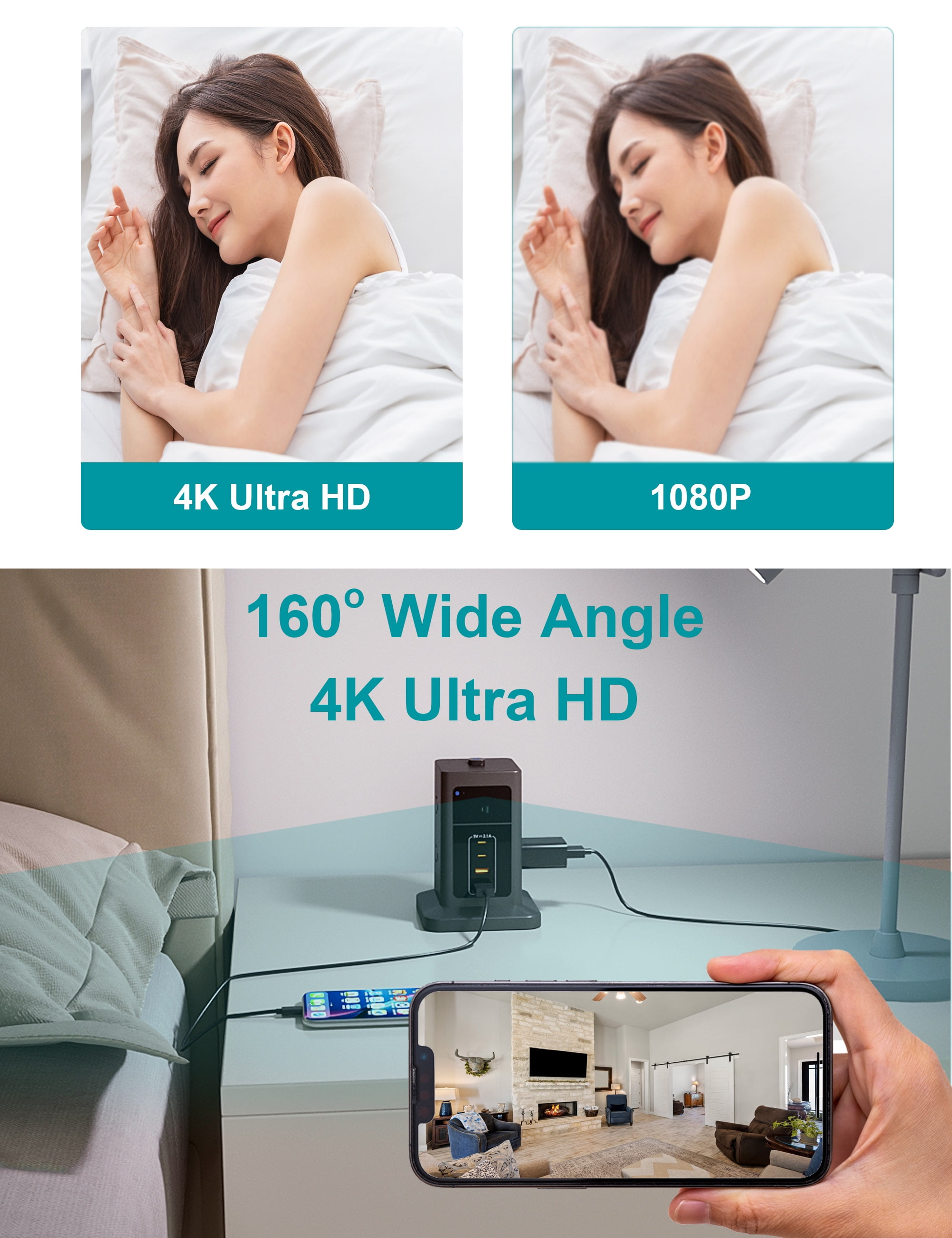 CAMDUCK 4K X7 160°Indoor Home Security Cameras for Baby/Elder/Dog/Pet Camera ,Black