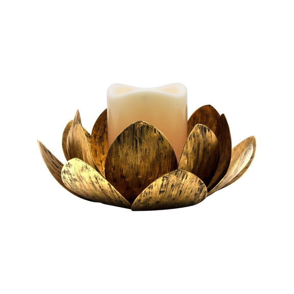 LumaBase Gold Lotus Metal Candleholder with Battery Operated Amber Flickering Candle