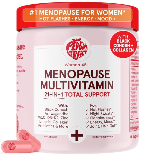 suplemento multivitamínico peach perfect menopause para mujeres mayores de 45 años bote frontal centrado, etiqueta blanca y rosa con tapa roja y sello "WITH BLACK COHOSH + COLLAGEN", texto principal "MENOPAUSE MULTIVITAMIN 21-IN-1 TOTAL SUPPORT", cápsulas rosadas junto al frasco; etiqueta lista cohosh negro, ashwagandha, probióticos, colágeno y 60 cápsulas, fácil de incorporar a la rutina diaria y también apto para llevar en viajes.