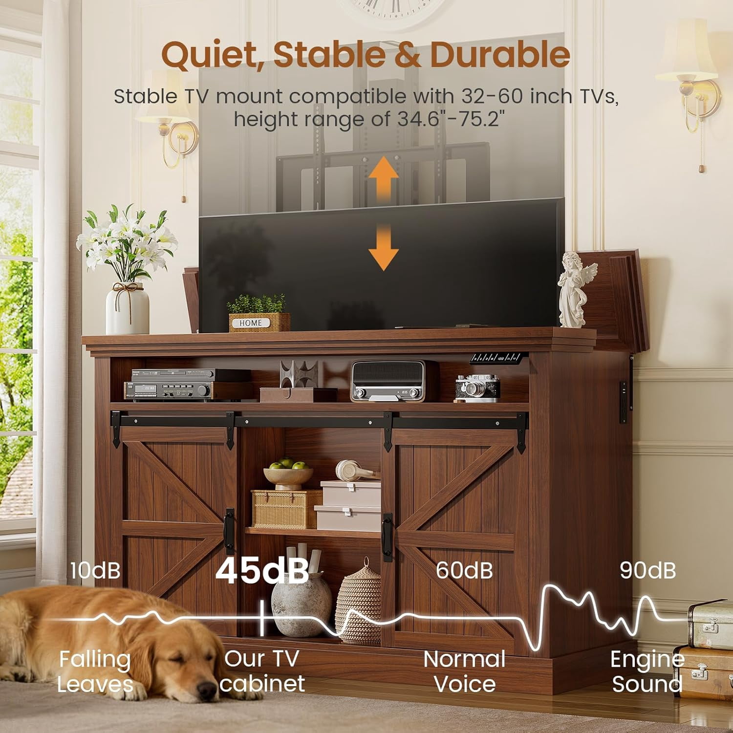 Motorized TV Lift Cabinet for 55-60” TVs, Farmhouse TV Stand, Entertainment Center with Storage Cabinets & Sliding Barn Doors, TV Media Console Table with Charging Station for Living Room, Brown