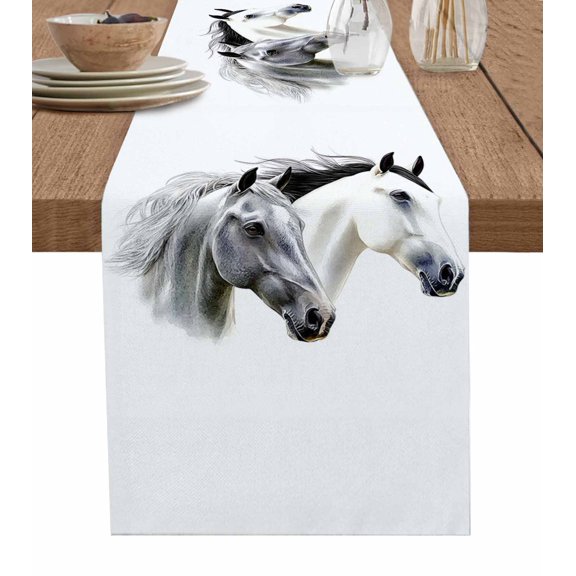 ERUNPONLY Horse Print Table Runner - 36 Inch Long Modern Watercolor Grey White Animals Cotton and Linen Blended Dress Scarves Farmhouse Table Runner for Kitchen Dining, Coffee Table, 13"x36"