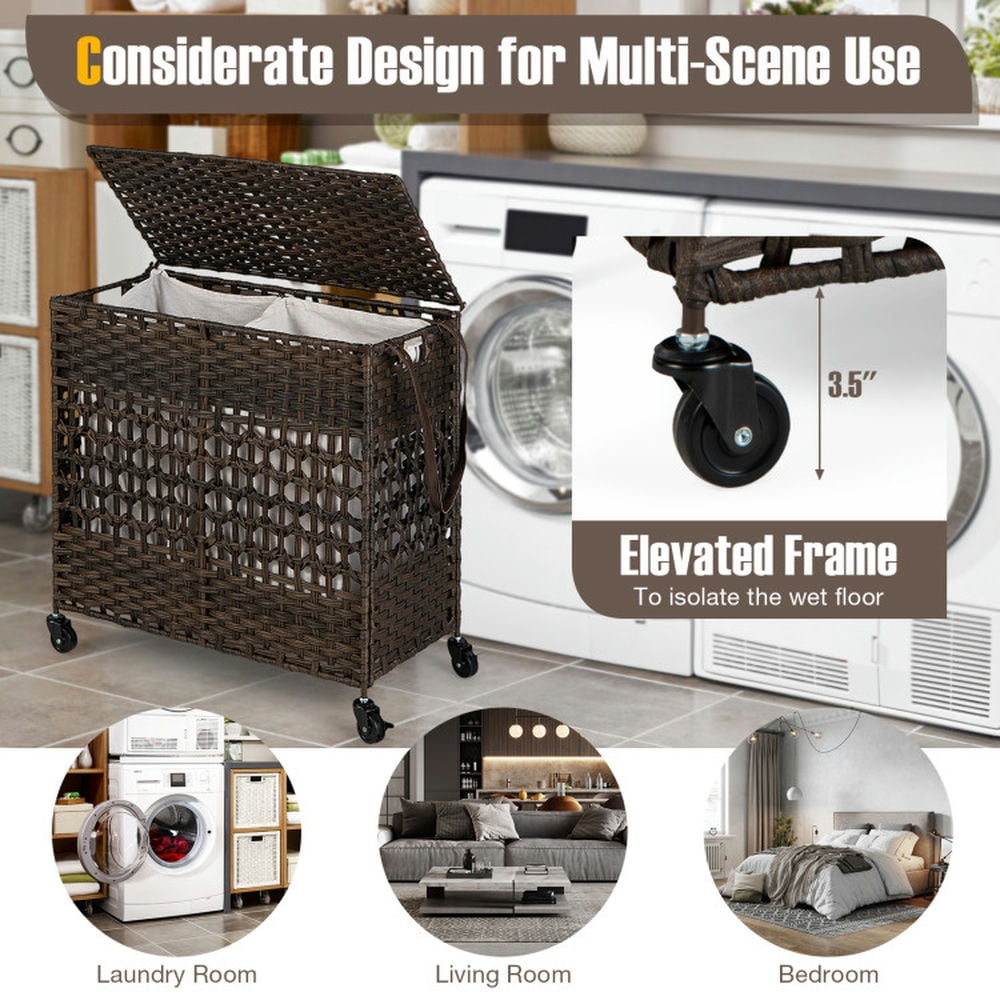 Finihen Laundry Hamper, Laundry Basket, 110L 2-Section Laundry Hamper with 2 Removable and Washable Liner Bags, for Bathroom, Laundry Room, Brown Finihen Laundry Hamper, Laundry Basket, 110L 2-Section Laundry Hamper with 2 Removable and Washable Liner Bags, for Bathroom, Laundry Room, Brown