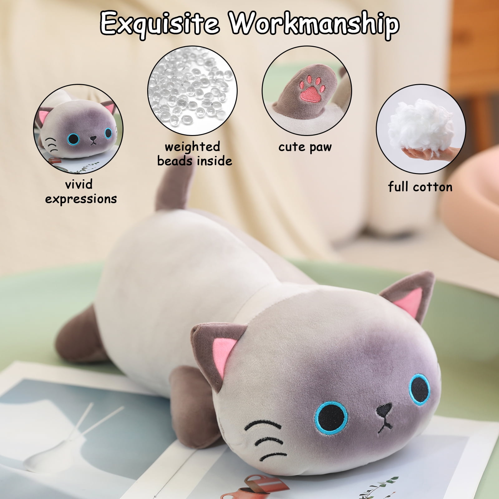 SQEQE Weighted Siamese Cat Plush, Cute Soft Pillow Toy Gift for Kids 23.6 Inch, 3.1 lbs