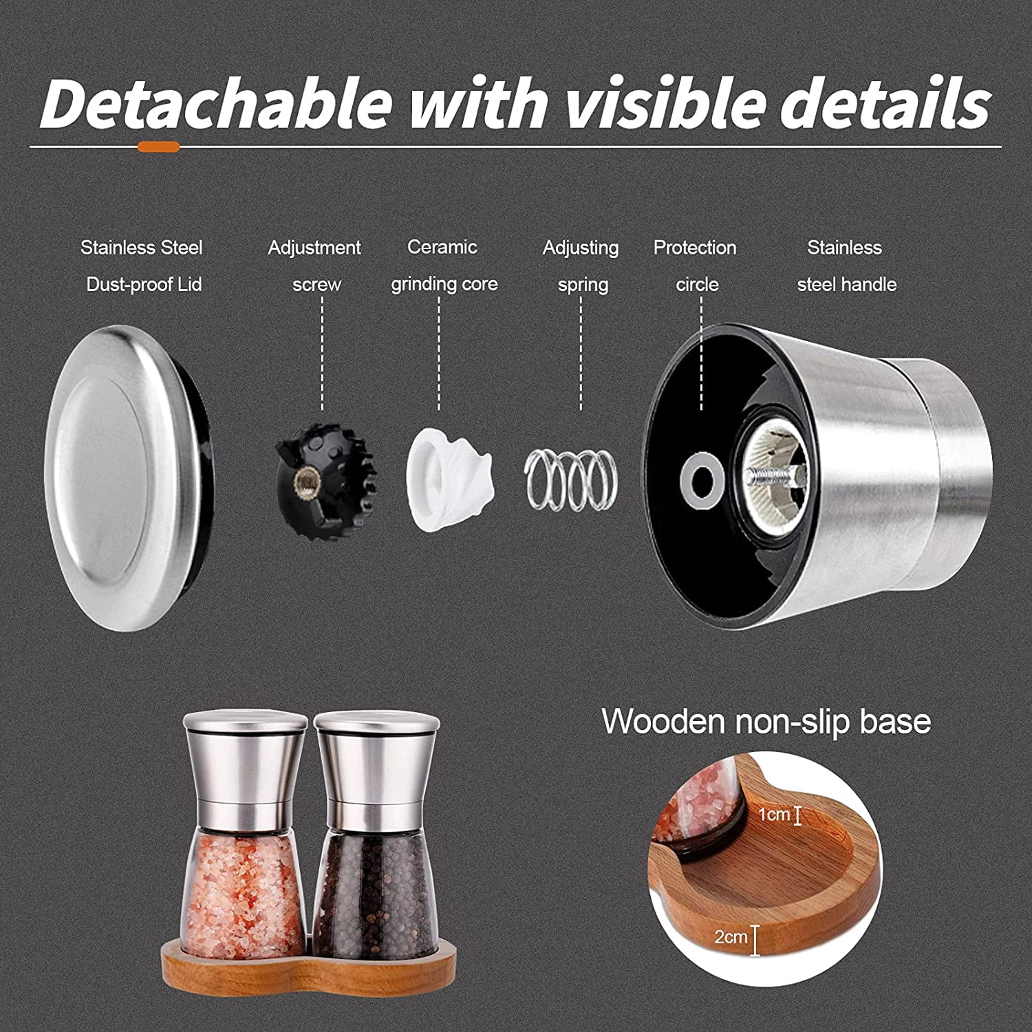 Salt and Pepper Grinder Set with Wooden Tray Refillable Stainless Steel Adjustable Coarseness Compact Glass Spice Mills