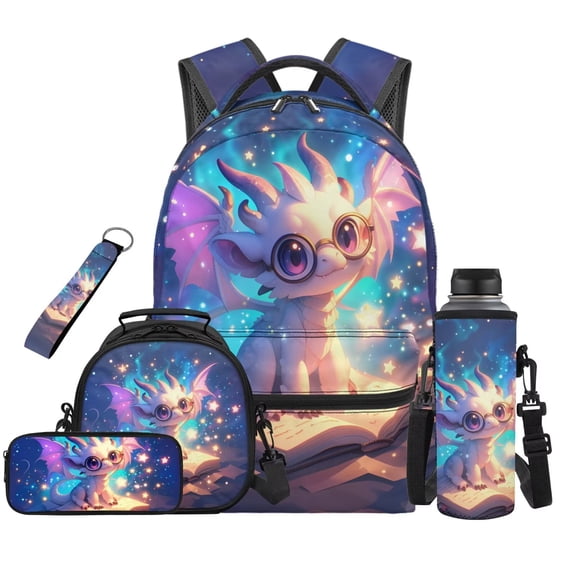 Jeiento Cute Dragon Backpack for School Girls 3rd Grade with Lunch Box Water Bottle Sleeve Pencil Pouch Keychain 5-Piece Set 17 inch Lightweight Bookbag for Kids Age 8-10 Back to School Essentials