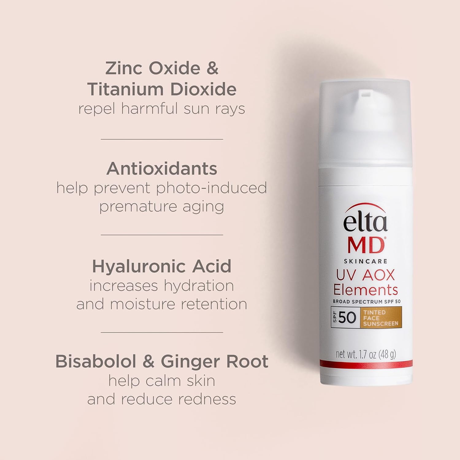 EltaMD UV AOX Elements Tinted Mineral Face Sunscreen Lotion, Tinted Sunscreen for Face SPF 50 with Antioxidants, 1.7 oz Pump