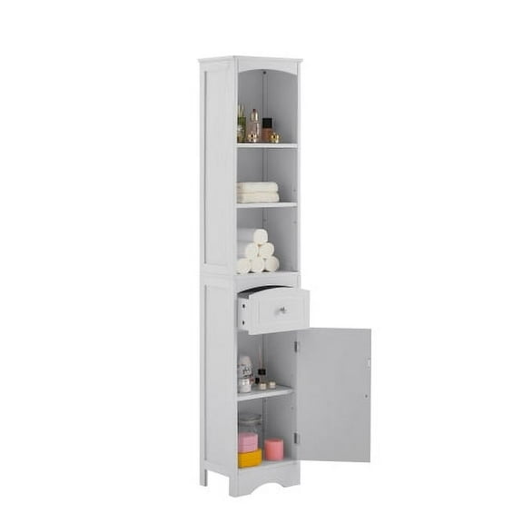 Bathroom Storage Cabinet, Tall Freestanding Cabinet with One Drawer, One Cabinet with Door, MDF Board, Narrow Slim Tower Cabinet with Adjustable Shelves for Home Office, White