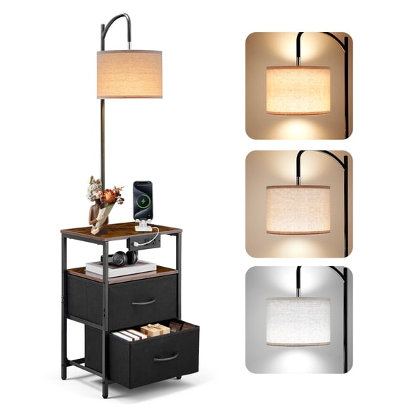 VEVOR Floor Lamp with Table, 2-Tier End Table with 2 Drawers and 3 Color Temperature Lighting, Modern Side Nightstand Bedside Desk with USB & Type C & AC Charging Port for Living Room, Bedroom, Dorm