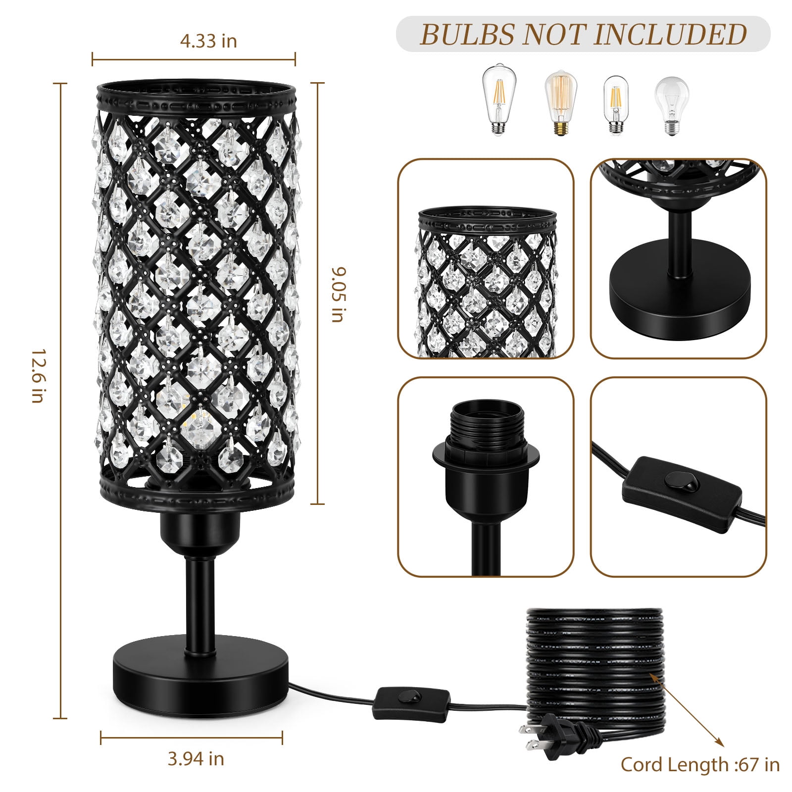 Black Vintage Crystal Table Lamp with Clear Beads and Metal Base (Set of 2)