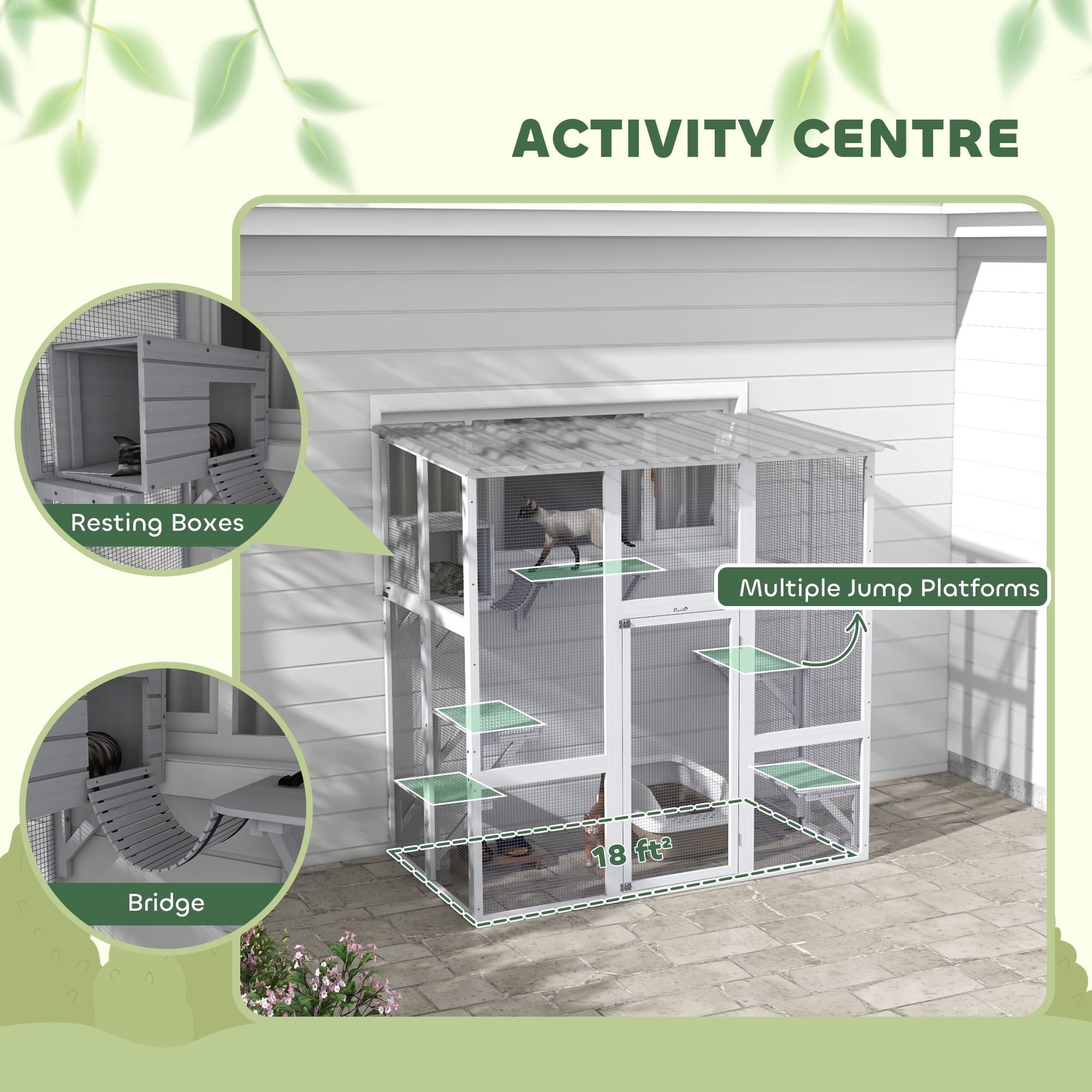 PawHut Catio, Outdoor Cat Enclosure Window Box Wooden Cat House w/ Weather Protection Roof for 2 Kitties with Resting Box, Platforms & Bridge, White