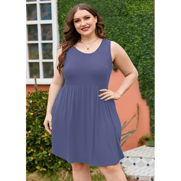 Showmall Women's Plus Size Summer Dress Purple Gray 4X Casual Sleeveless Crewneck Flowy Pleated knee-length Babydoll Swing Dress with Pockets