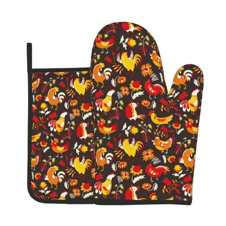 

Lukts Roosters Print Kitchen Heat-Resistant Gloves and Spacers 2pcs Set Suitable for Baking and Cooking