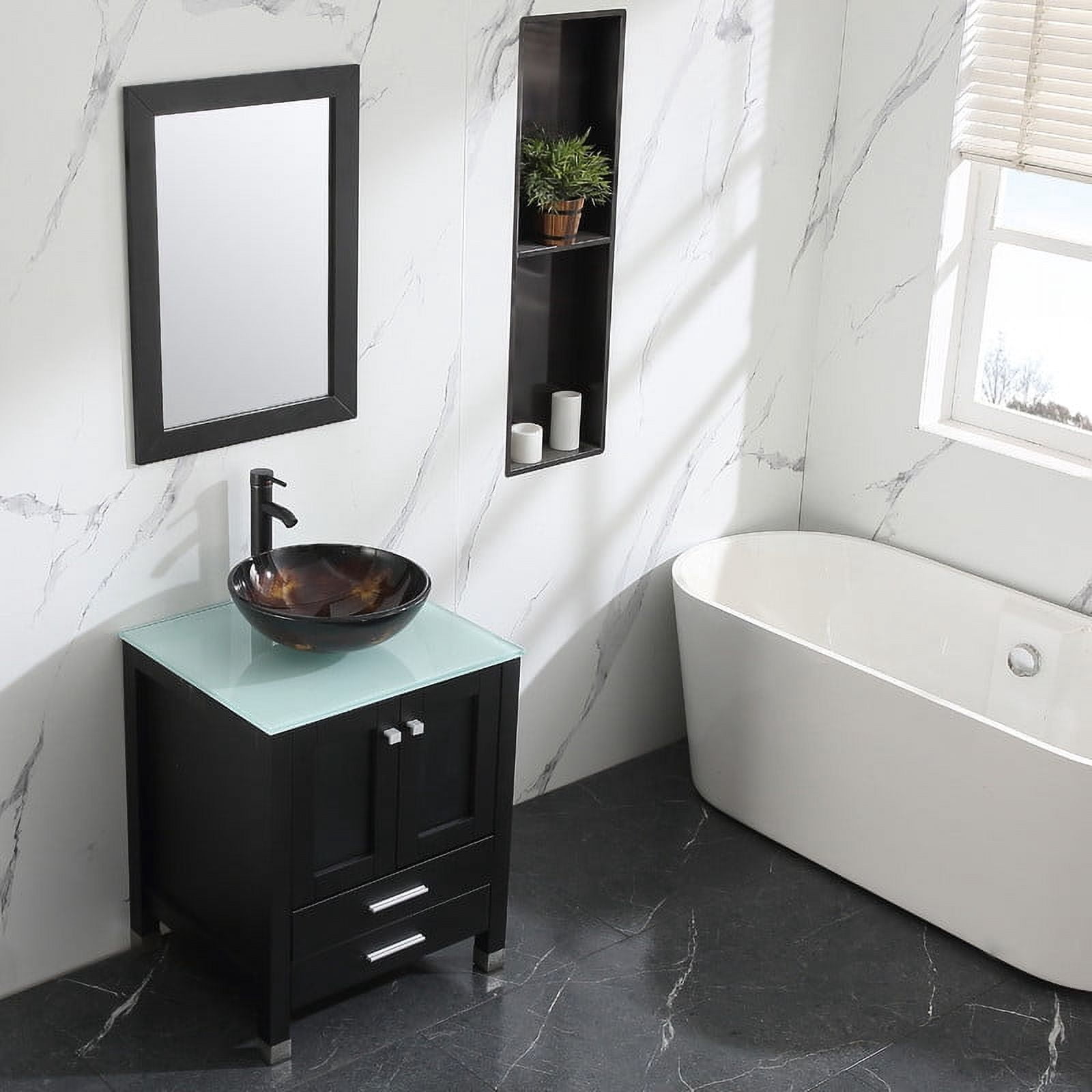 Walsport 24" Luxurious Wood Bathroom Vanity Cabinet Round Tempered Glass Vessel Sink Bowl ORB Faucet Drain Combo Design with Mirror Modern Vanities Set,Black