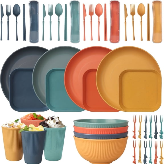 52pcs Dinnerware Sets, Unbreakable Plates And Bowls Sets, Reusable Dinnerware Sets for 4 People, Travel Camping Picnic Home Party Cutlery Set, Dishwasher Microwave Safe Dishes.