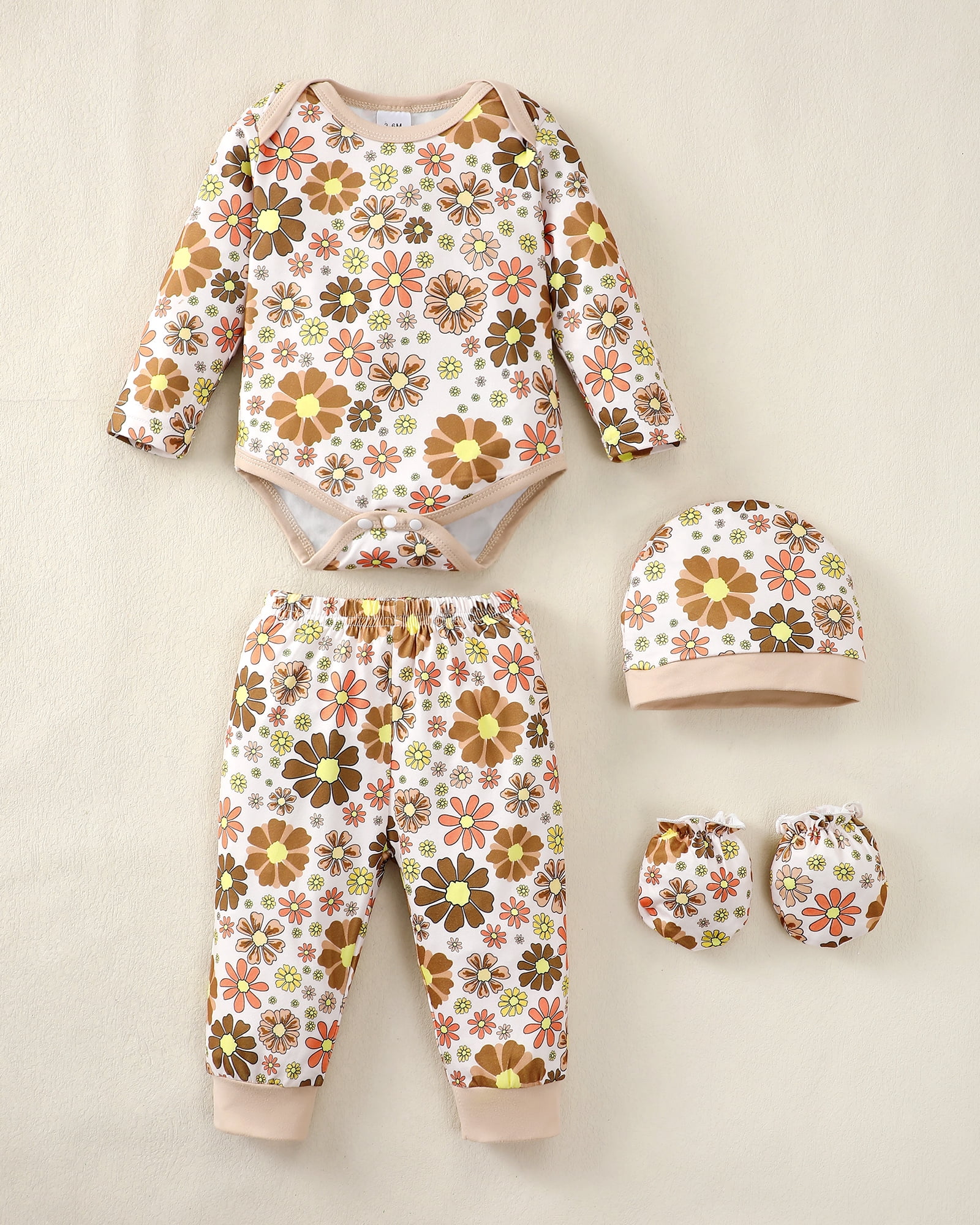 KIMI BEAR Newborn Baby Girls Layette Set 4 Packs 0-3 Months Winter Clothes Outfits Long Sleeves Romper Top Pants Gloves Hats 16 Piece Essentials Accessories Clothing Gift Sets Brown