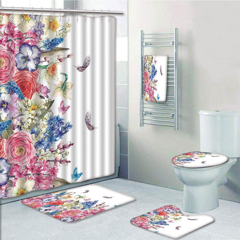 Vintage Butterflies and Blue Flowers Shower Curtain Toilet Cover Rug Contour Rug 