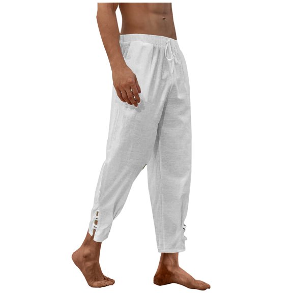 UAMVSH Men's Plus Size Casual Pants Cotton Linen Drawstring Elastic Waist Tapered Trousers Summer Fall Lightweight Beach Pants with Pockets(X-LargeWhite)