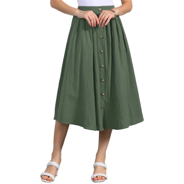 Falda Midi de Algodón INSPIRE CHIC para Mujer, Casual de Verano, Decoración de Botones, Cintura Elástica, Falda en Línea A con Bolsillo XL Verde Ejército