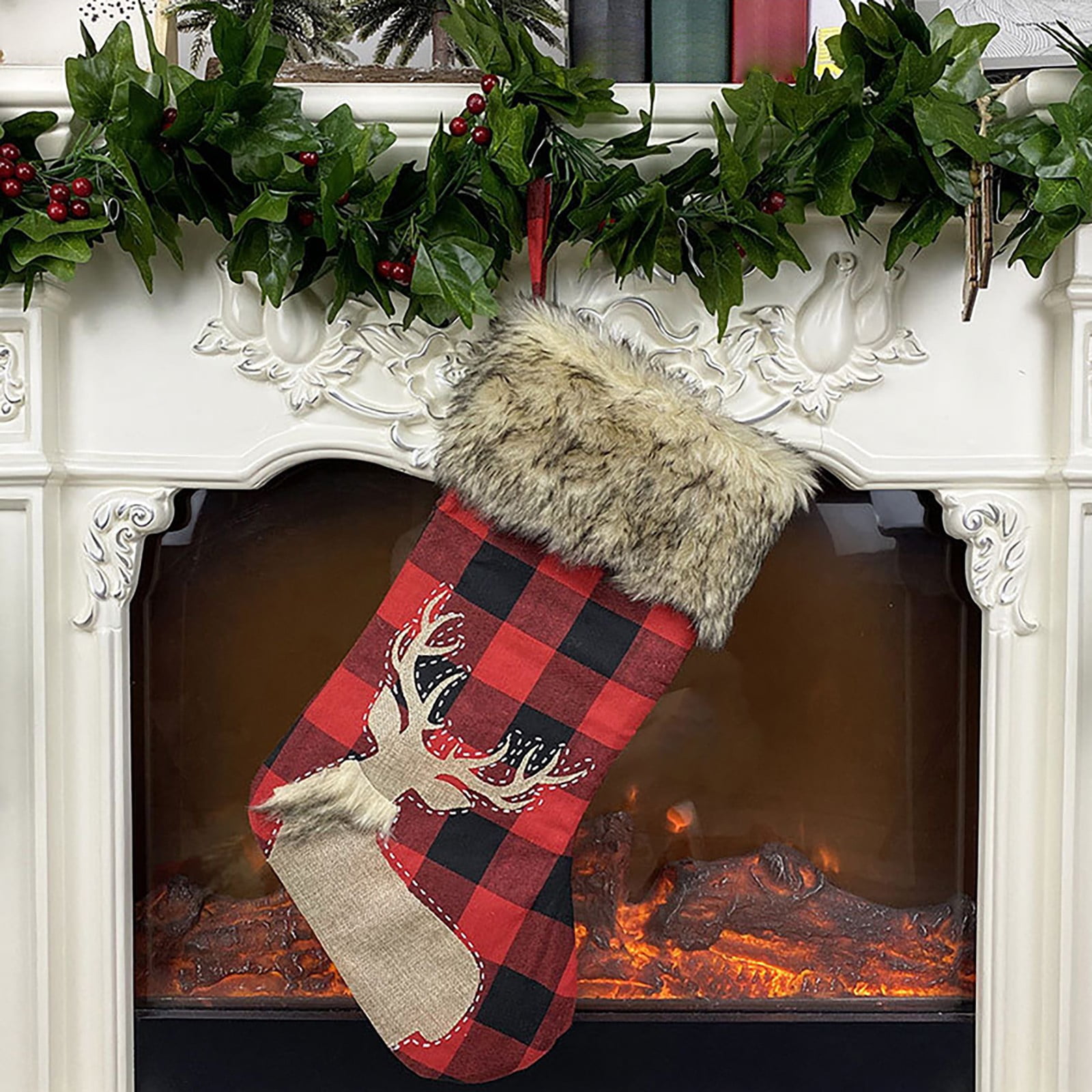 Wall Hangs,Christmas Stockings 4 Pack 18" Big Christmas Stocking Stuffers Snowflake Santa Snowman Reindeer Burlap Plaid Socks With Plush Cuff Candy Socks For Family Holiday Christmas P