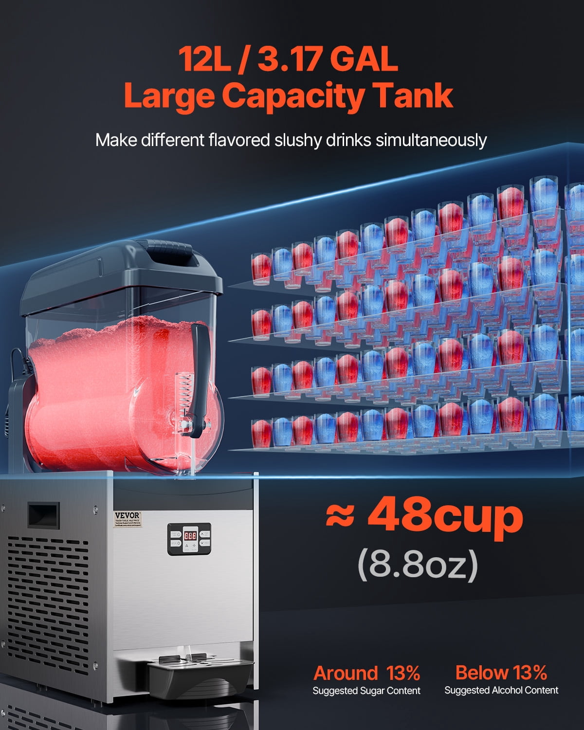 VEVOR Commercial Slushy Machine, 12L Single Tank Frozen Drink Machine, 48 Cups Stainless Steel Margarita Smoothie Frozen Drink Maker, Slushie Maker