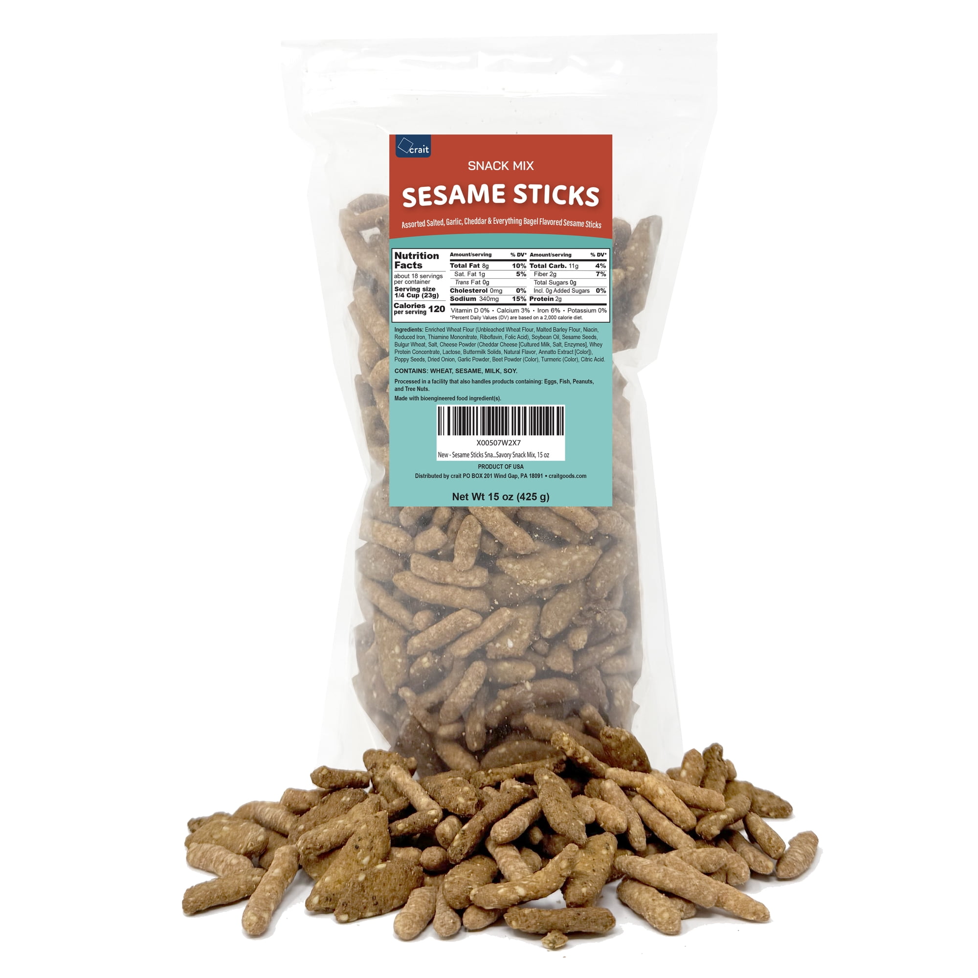 Sesame Sticks Snack Mix (15oz) –Garlic, Cheddar & Everything Bagel Medley - Bulk Salted Sesame Crackers in Resealable Bag - Crunchy Savory Snack Mix And Salad Toppers