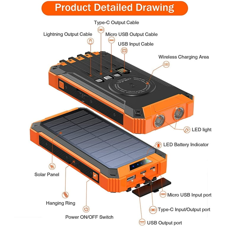 Serena biograf Ged GOODaaa 36000mAh Solar Power Bank Battery Pack Qi Wireless, Portable Solar  Charger with 4 Cables - Walmart.com