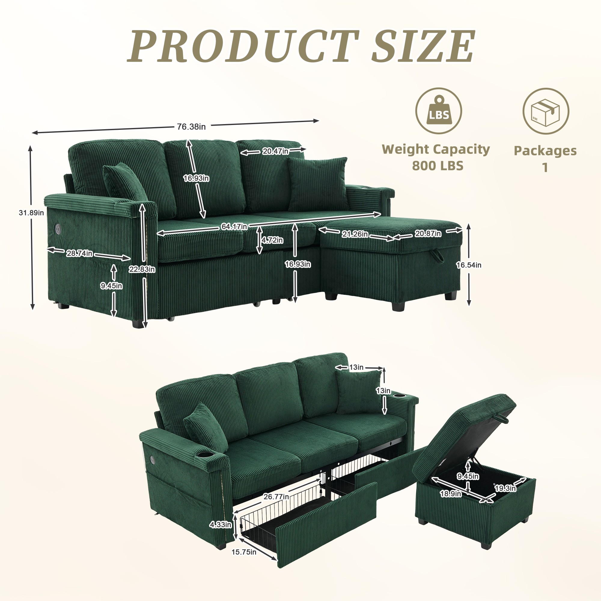 L-Shaped Sectional Sofa,Corduroy Convertible 3-Seat Sofa Couch with Pull-Out Storage,Ottoman for Living Room,Apartment,Emerald