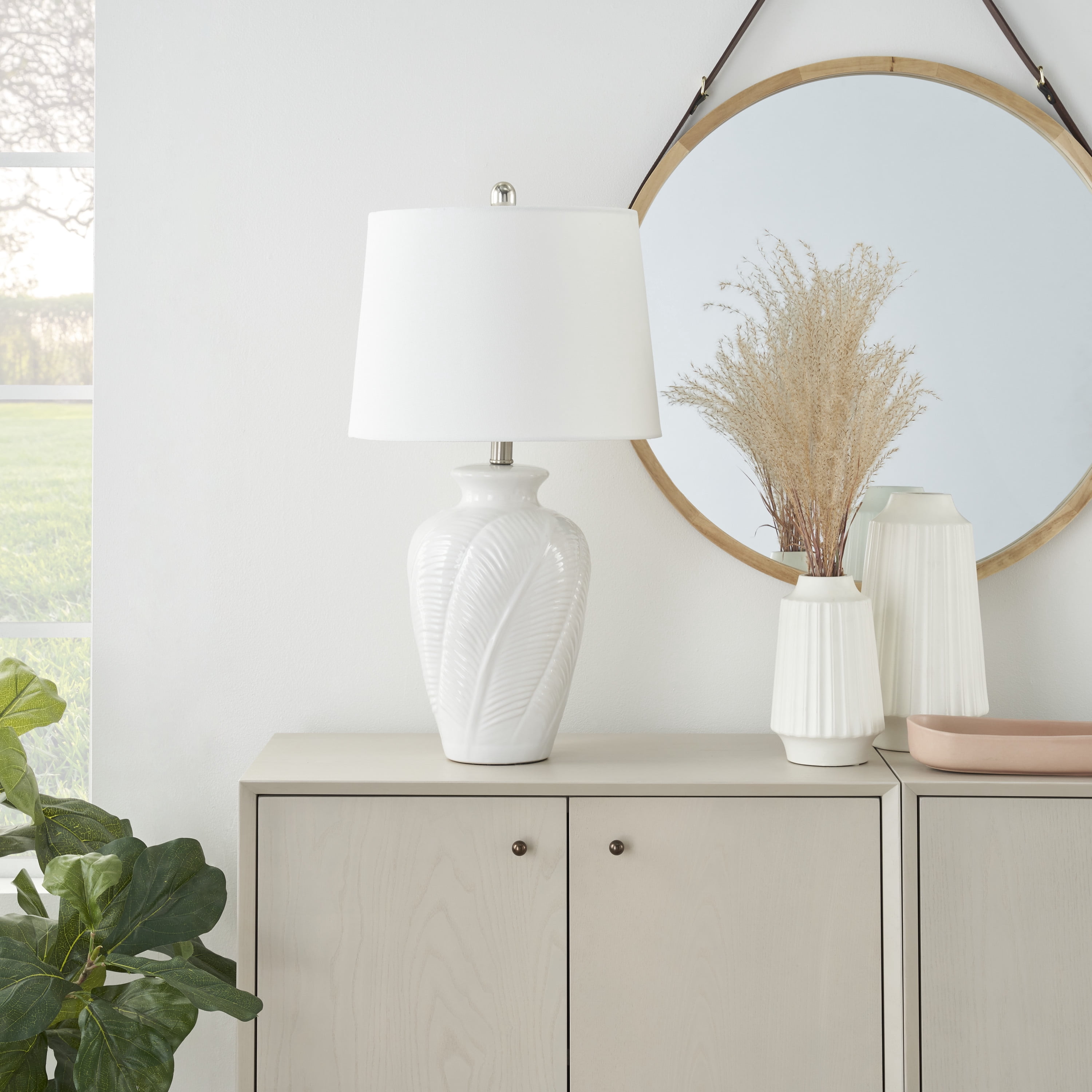 Nourison 26" Coastal Feather Texture Table Lamp for Bedroom, Living Room, Dining Room, End Table, Glossy White