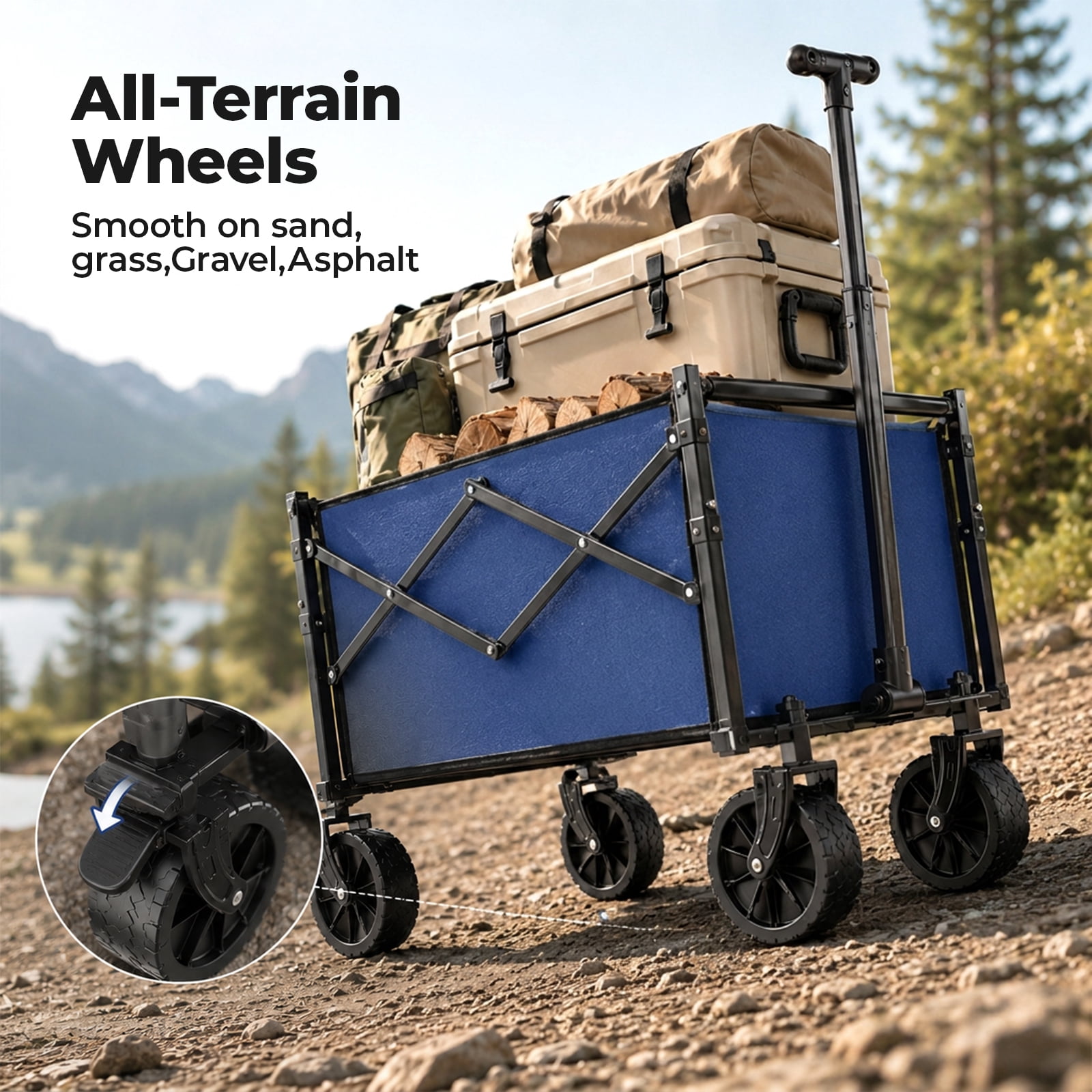 Alvantor Folding Wagon Cart, 220LBS Heavy Duty Collapsible Utility Cart with All-Terrain Wheels & Brake, Portable Outdoor Wagon for Camping Garden Beach Shopping Grocery