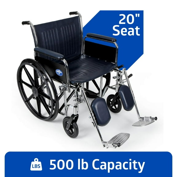 Medline Extra-Wide Wheelchair with 24" Seat, Full-Length Arms, Elevating Leg Rests, and Chrome Frame - Bariatric, 500 lb Weight Capacity,  Mobility Aid for Enhanced Comfort and Durability