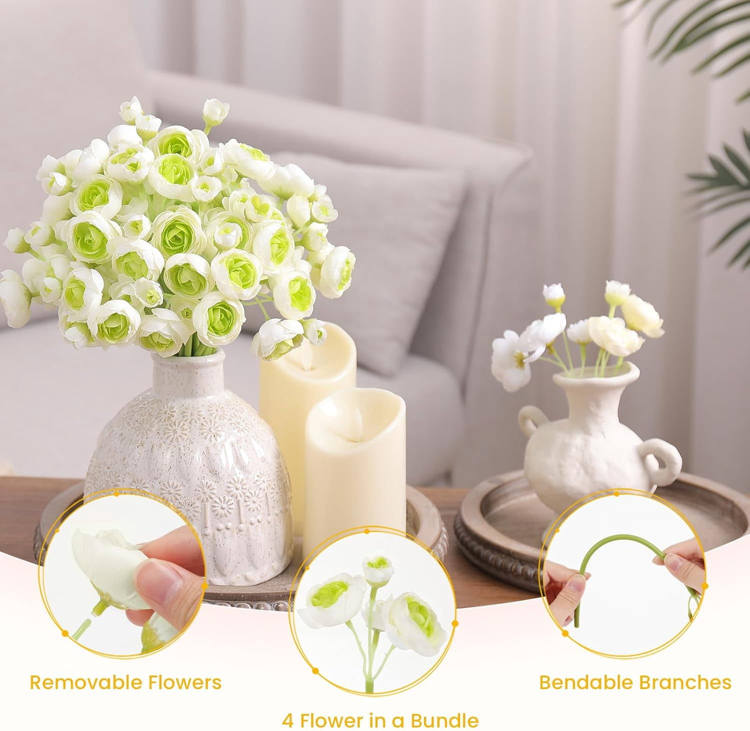 30Pcs Ranunculus Artificial Flowers Faux Silk Mini Ranunculus, Spring Flowers Artificial Indoor for DIY Bouquets, Bulk Fake Wedding Filler Flowers for Bride Decorations & Arrangements, Green