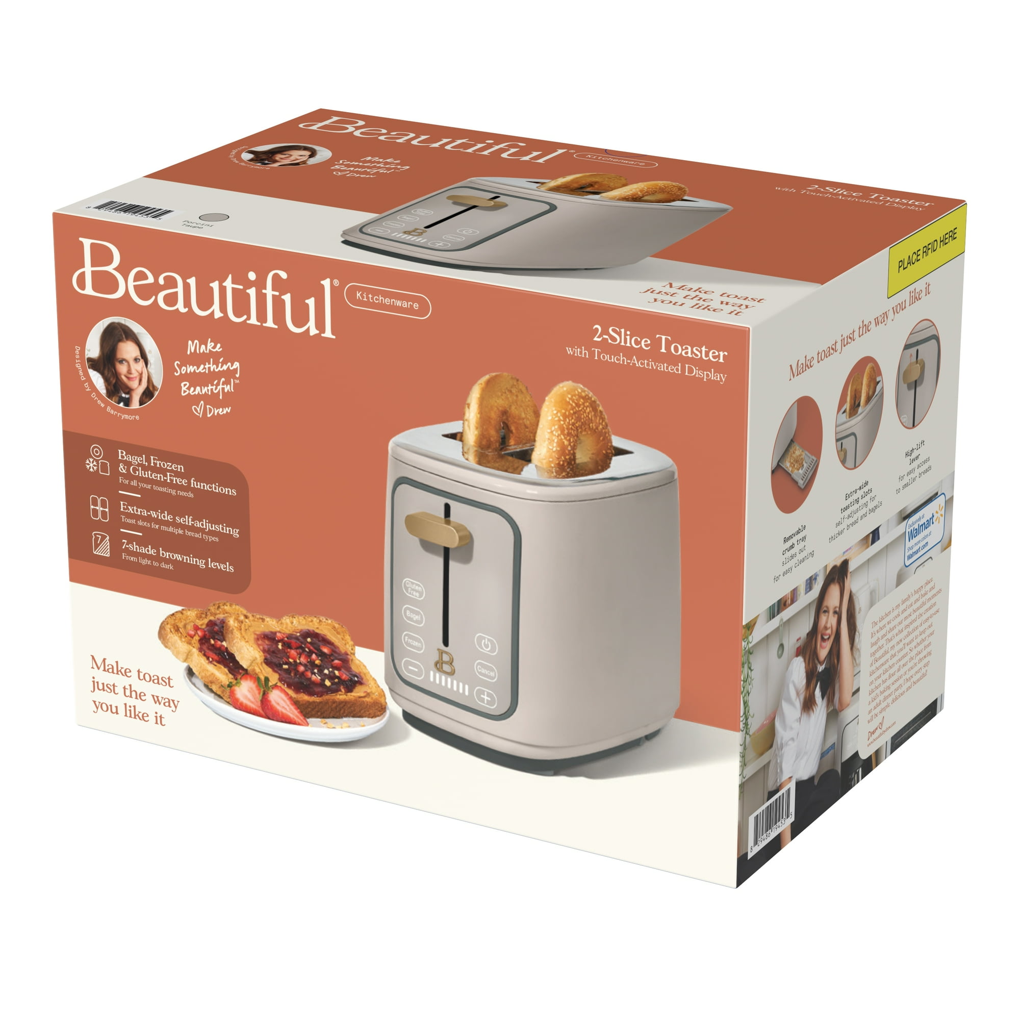 Beautiful 2 Slice Toaster with Touch-Activated Display, Porcini Taupe by Drew Barrymore